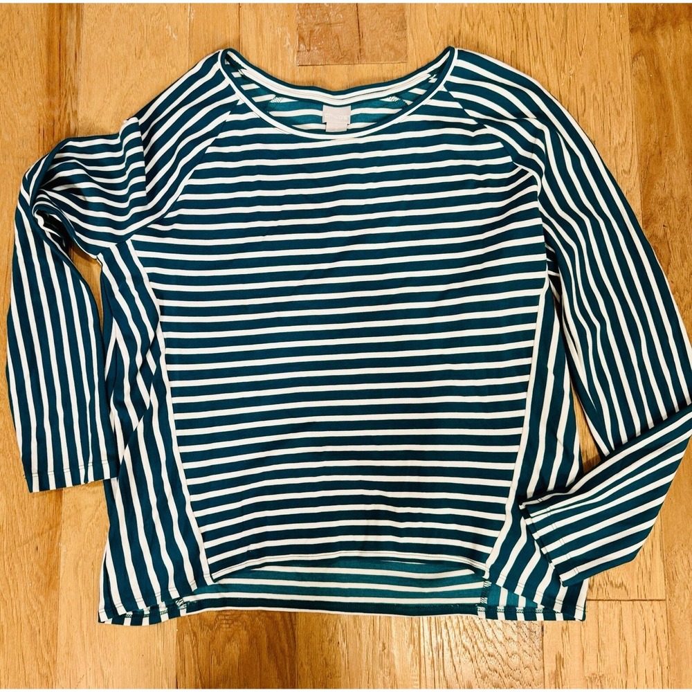 Chicos Women's Blouse Size 12/14 (2) Long Sleeve Green Striped Rayon Strech